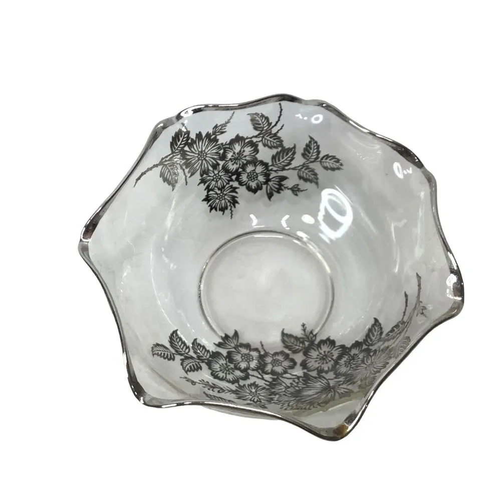Vintage Silver Overlay Clear Glass Bowl Flowers Scalloped Edge Footed Candy Dish